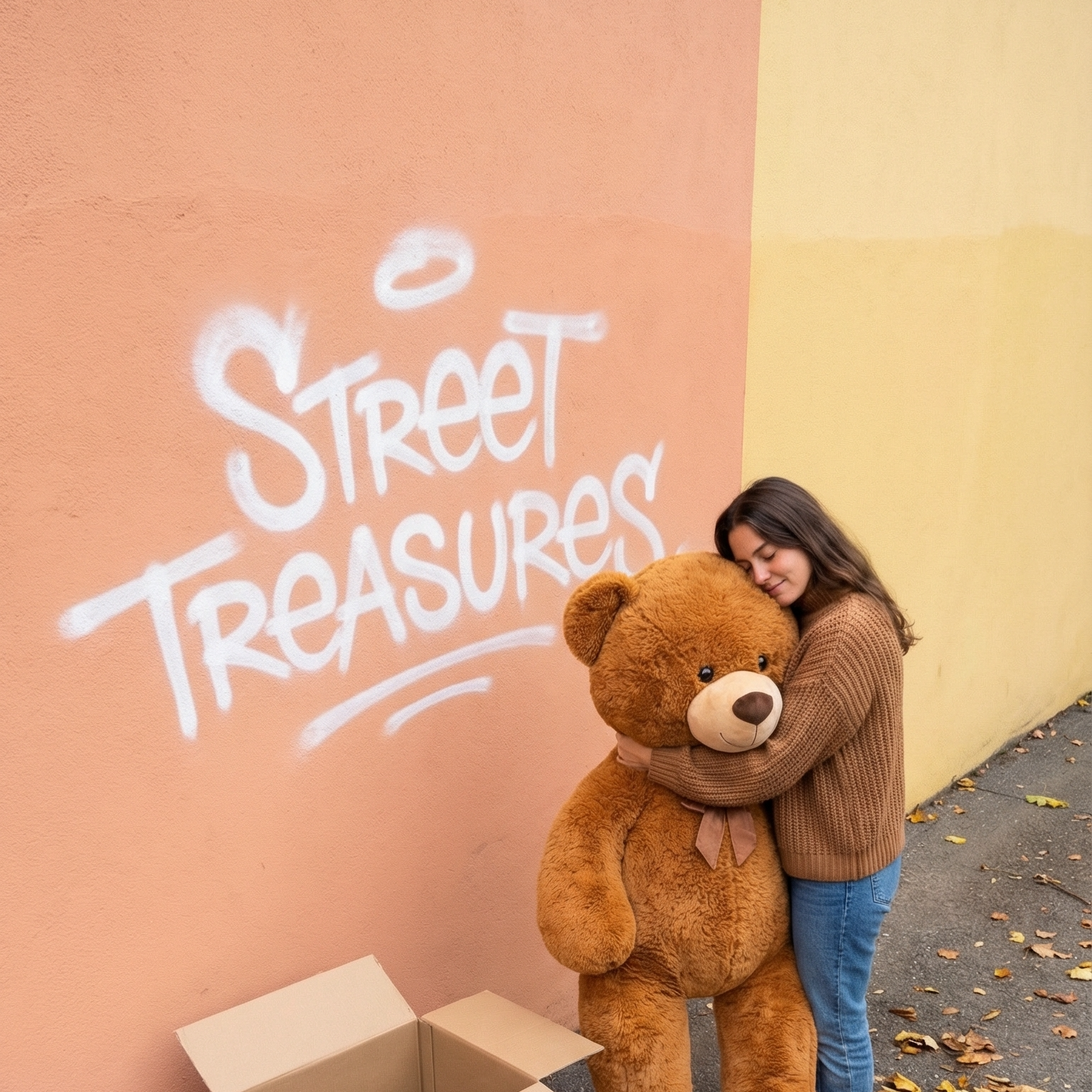 Splash screen of the Street Treasures app with a girl hugging a teddy bear she just found.